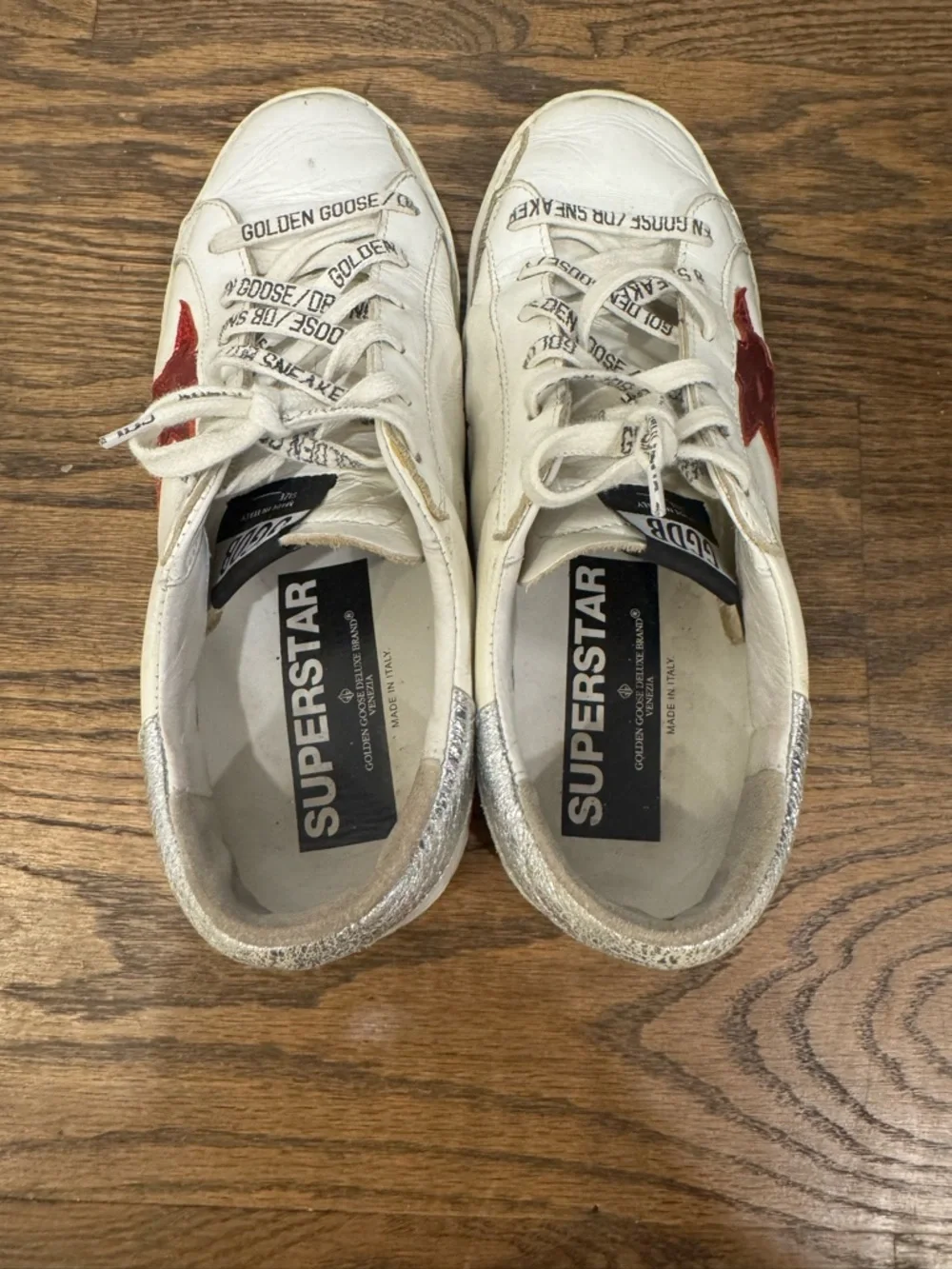 Golden Goose White Sneakers with Red Star and Silver Heel - Picture 6 of 7
